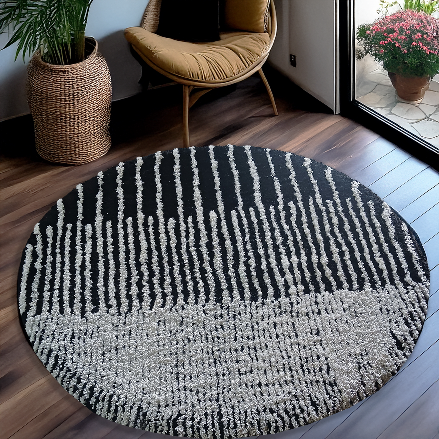 Avioni Home Atlas Collection - Moroccan Style Microfiber Round Carpet In White & Black| Soft, Non-Slip, Easy to Clean