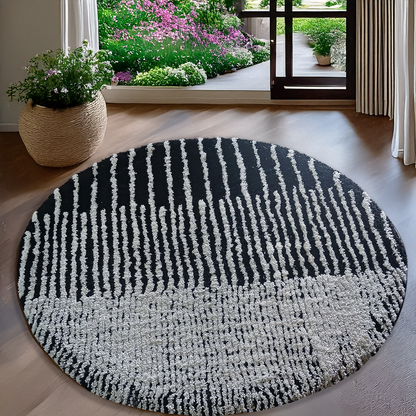Avioni Home Atlas Collection - Moroccan Style Microfiber Round Carpet In White & Black| Soft, Non-Slip, Easy to Clean