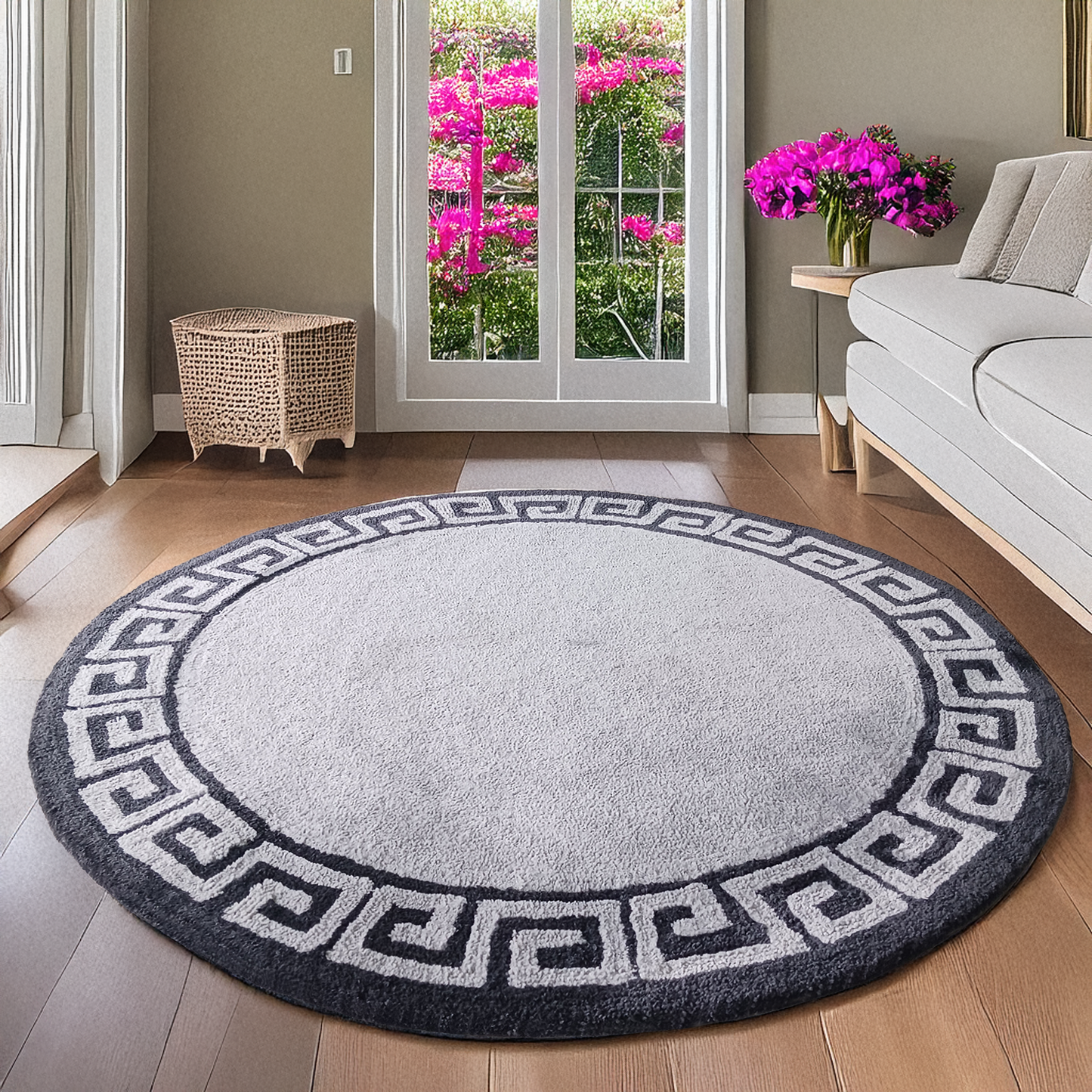 Avioni Home Atlas Collection - Greek Style Microfiber Round Carpet In Light and Dark Grey | Soft, Non-Slip, Easy to Clean