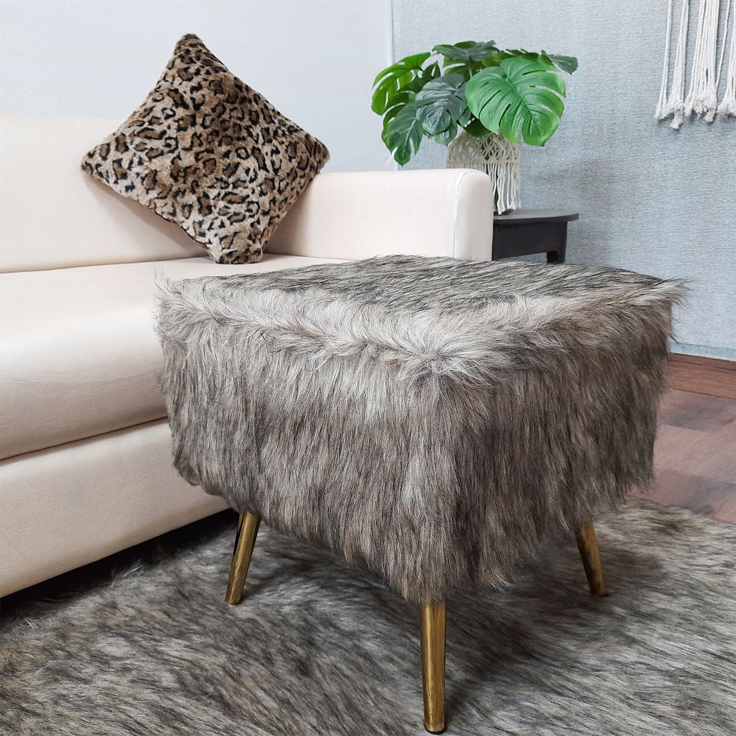 Noviato Collection – Shades of Grey/Brown Premium Long Faux Fur Footstool Gold Metal Legs Modern On-Trend Style Square Multi-Functional Ottoman Stool Seat, 40cm x 40cm x 40 cm | from Avioni