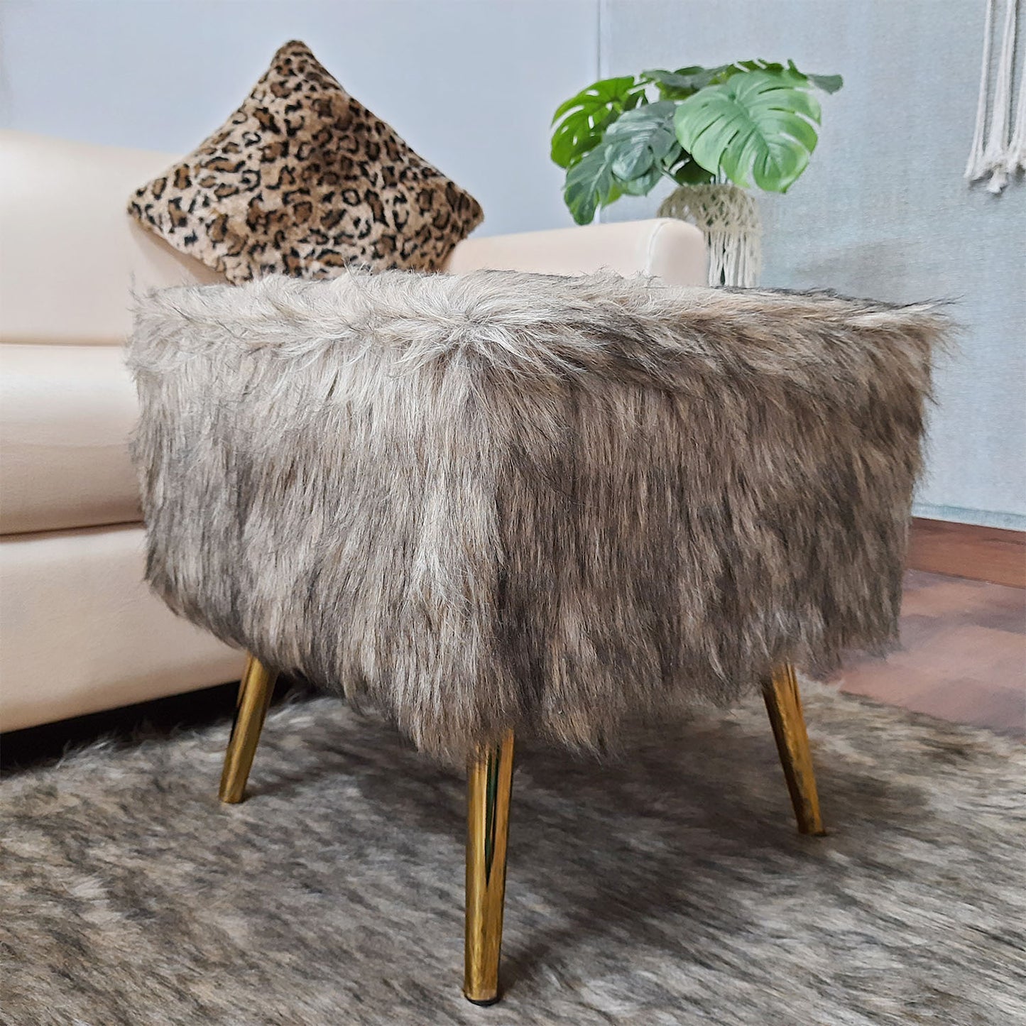 Noviato Collection – Shades of Grey/Brown Premium Long Faux Fur Footstool Gold Metal Legs Modern On-Trend Style Square Multi-Functional Ottoman Stool Seat, 40cm x 40cm x 40 cm | from Avioni