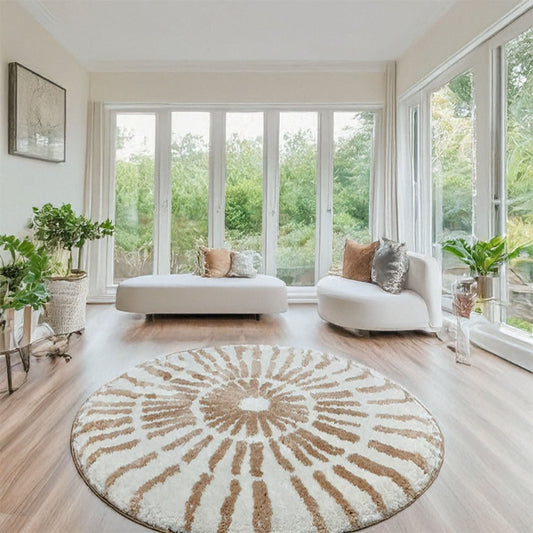 Avioni Home Atlas Collection - Moroccan Style Microfiber Round Carpet In Beige & White| Soft, Non-Slip, Easy to Clean