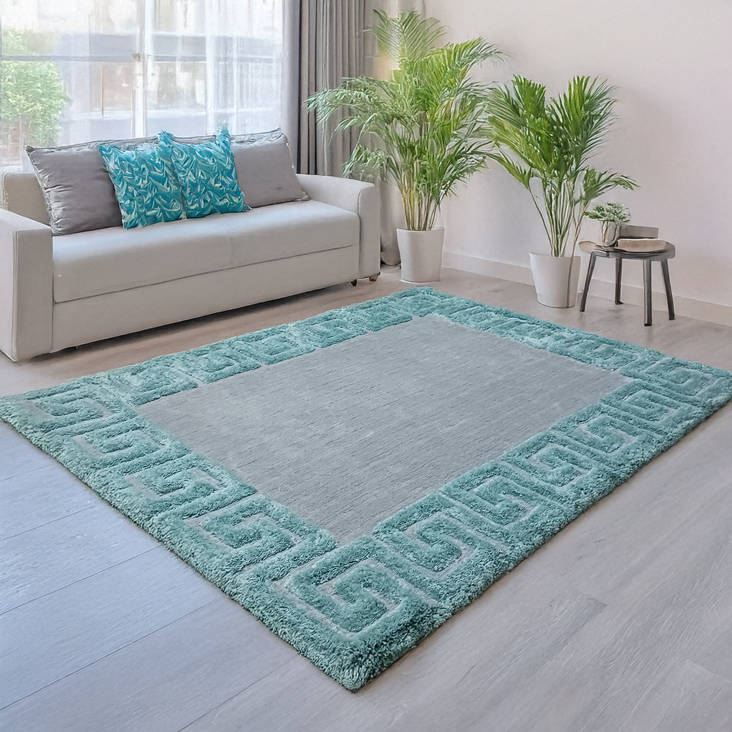 Avioni Atlas Collection- Micro Grey with 3D Aqua Designer Border -Different Sizes Shaggy Fluffy Rugs and Carpet for Living Room