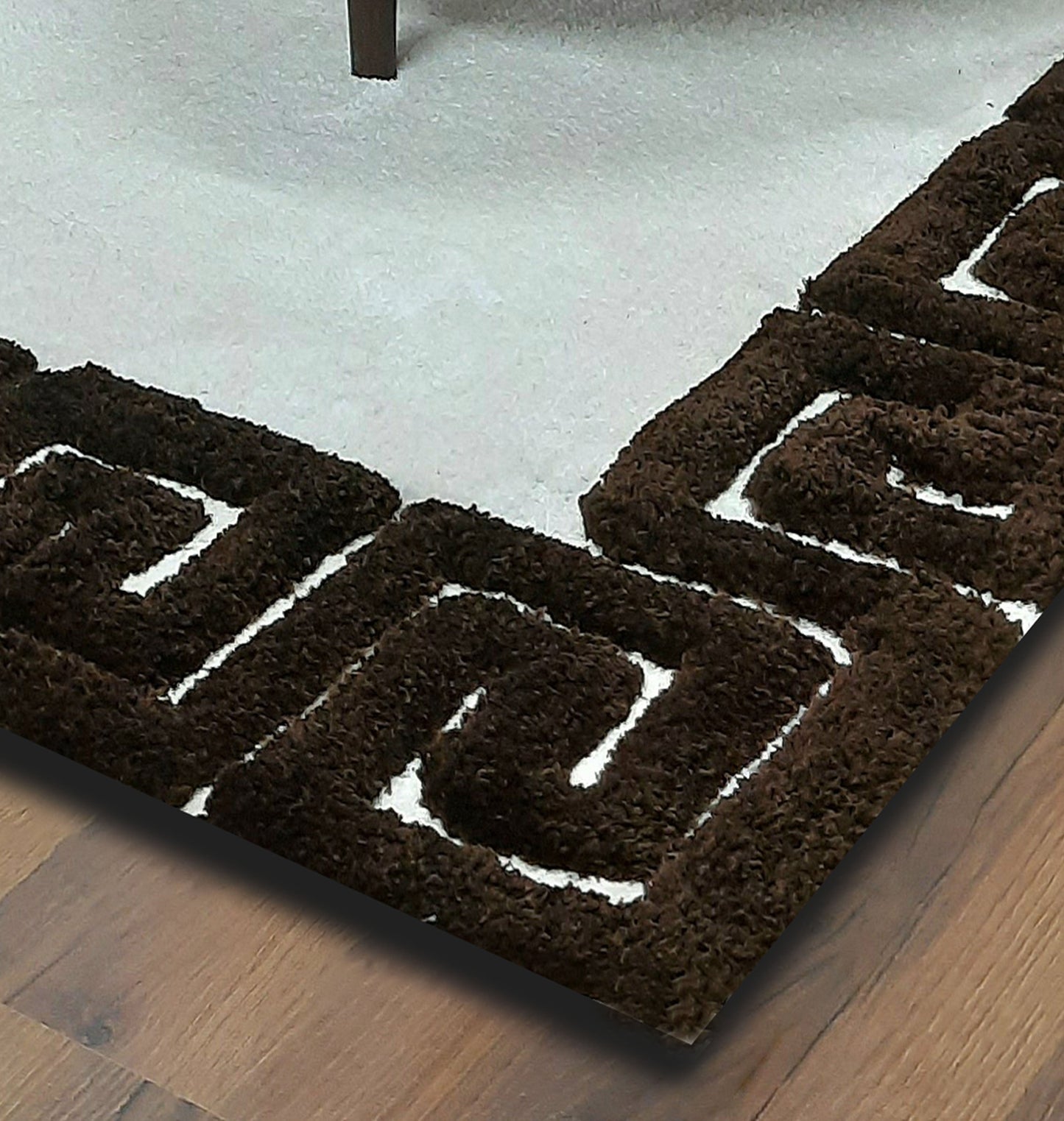 Avioni Atlas Collection- Micro White with 3D Dark Coffee Designer Border -Different Sizes Shaggy Fluffy Rugs and Carpet for Living Room