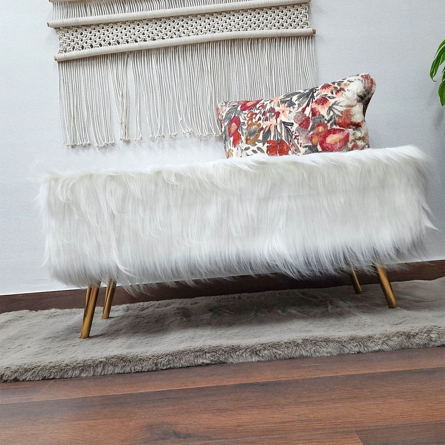 Noviato Collection – White Premium Long Faux Fur Bench Gold Metal Legs Modern On-Trend Style Multi-Functional Ottoman Bench Seat, 90 cm length x 40 cms Width/Height | from Avioni