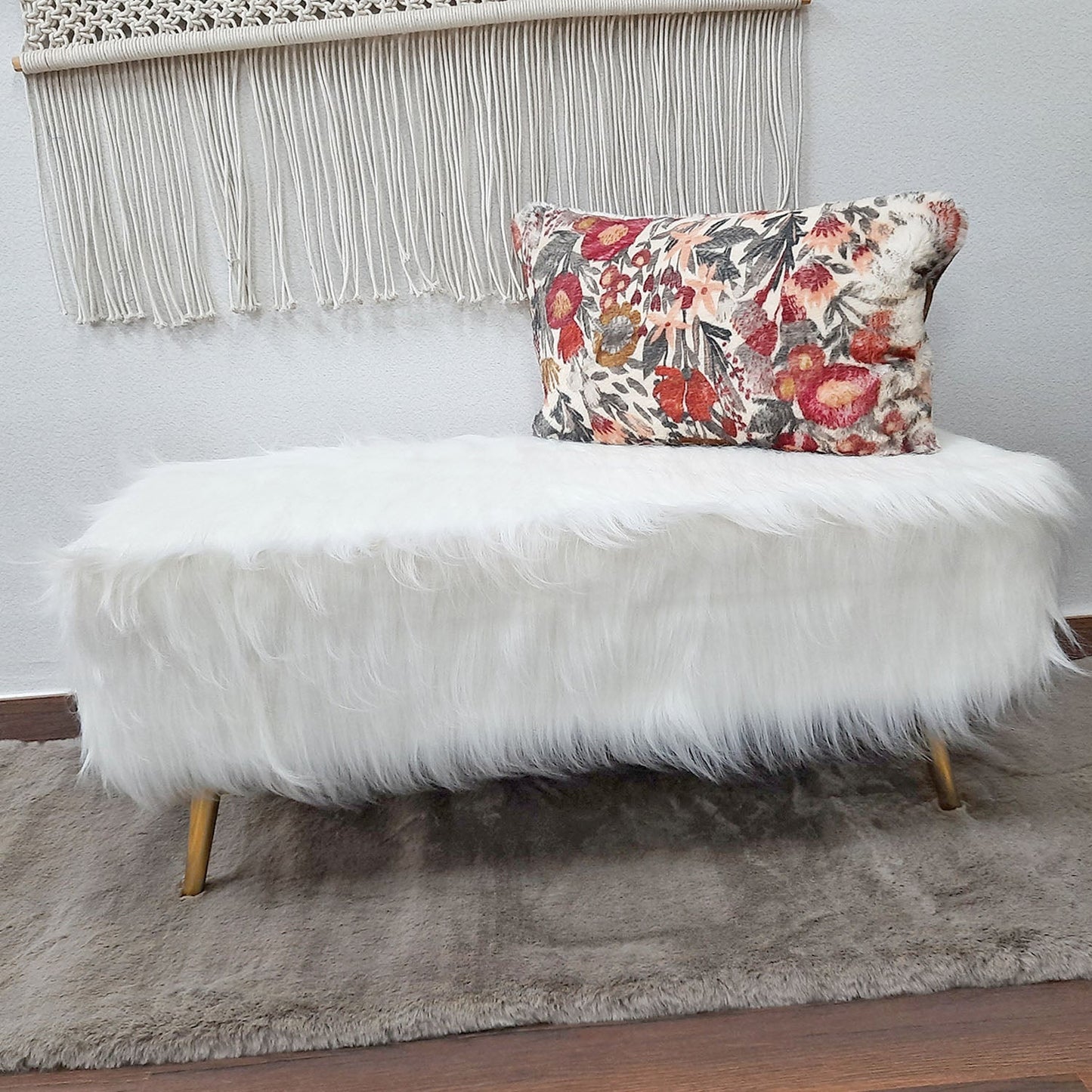 Noviato Collection – White Premium Long Faux Fur Bench Gold Metal Legs Modern On-Trend Style Multi-Functional Ottoman Bench Seat, 90 cm length x 40 cms Width/Height | from Avioni