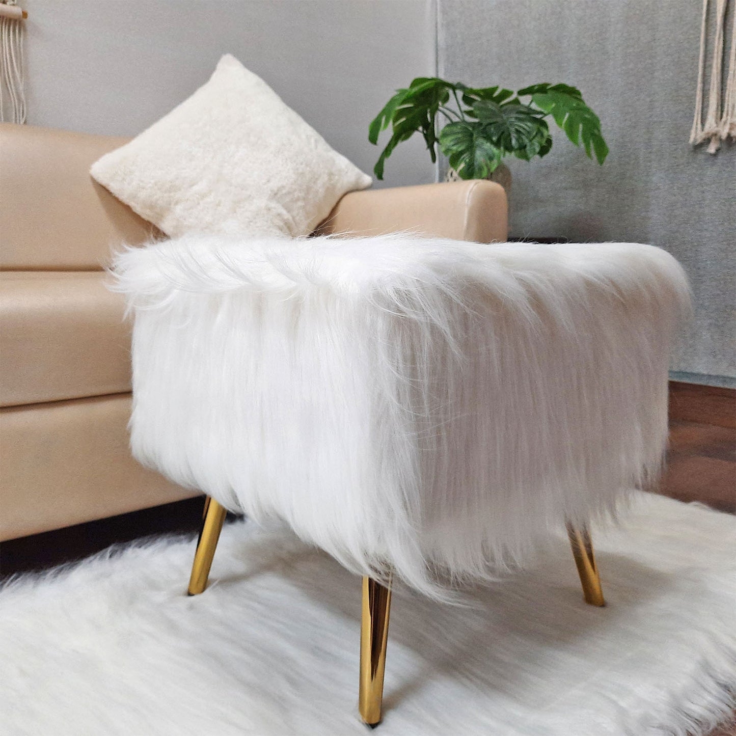 Noviato Collection – White Premium Long Faux Fur Footstool Gold Metal Legs Modern On-Trend Style Square Multi-Functional Ottoman Stool Seat, 40cm x 40cm x 40 cm | from Avioni