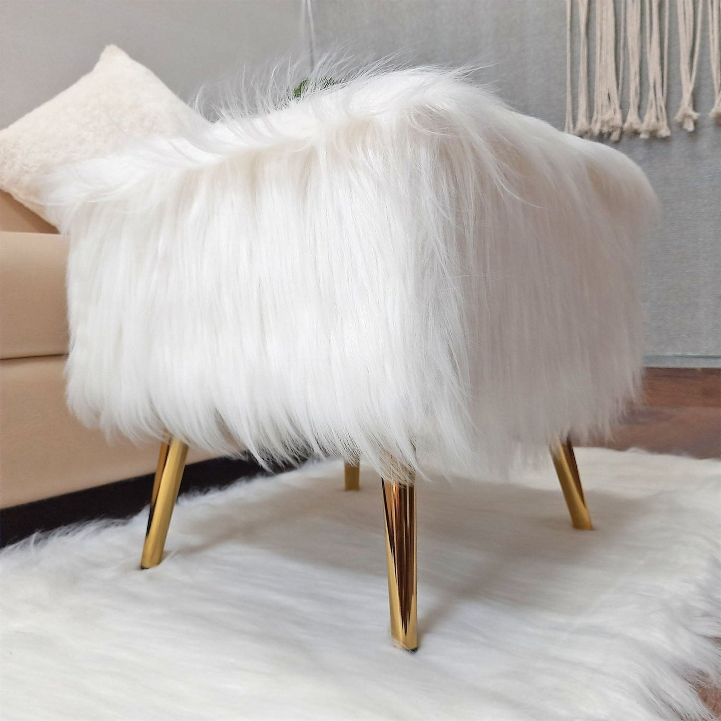 Noviato Collection – White Premium Long Faux Fur Footstool Gold Metal Legs Modern On-Trend Style Square Multi-Functional Ottoman Stool Seat, 40cm x 40cm x 40 cm | from Avioni