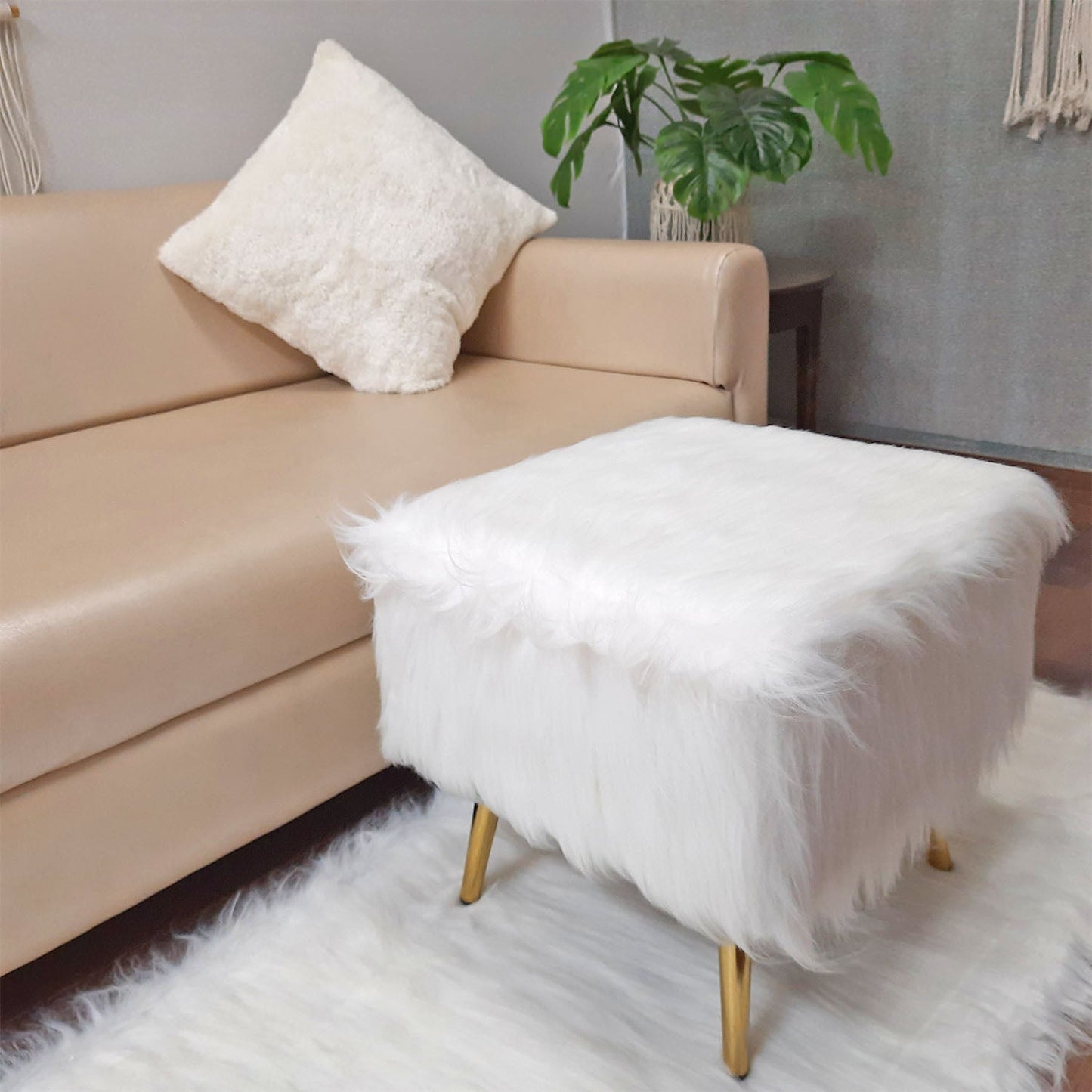 Noviato Collection – White Premium Long Faux Fur Footstool Gold Metal Legs Modern On-Trend Style Square Multi-Functional Ottoman Stool Seat, 40cm x 40cm x 40 cm | from Avioni