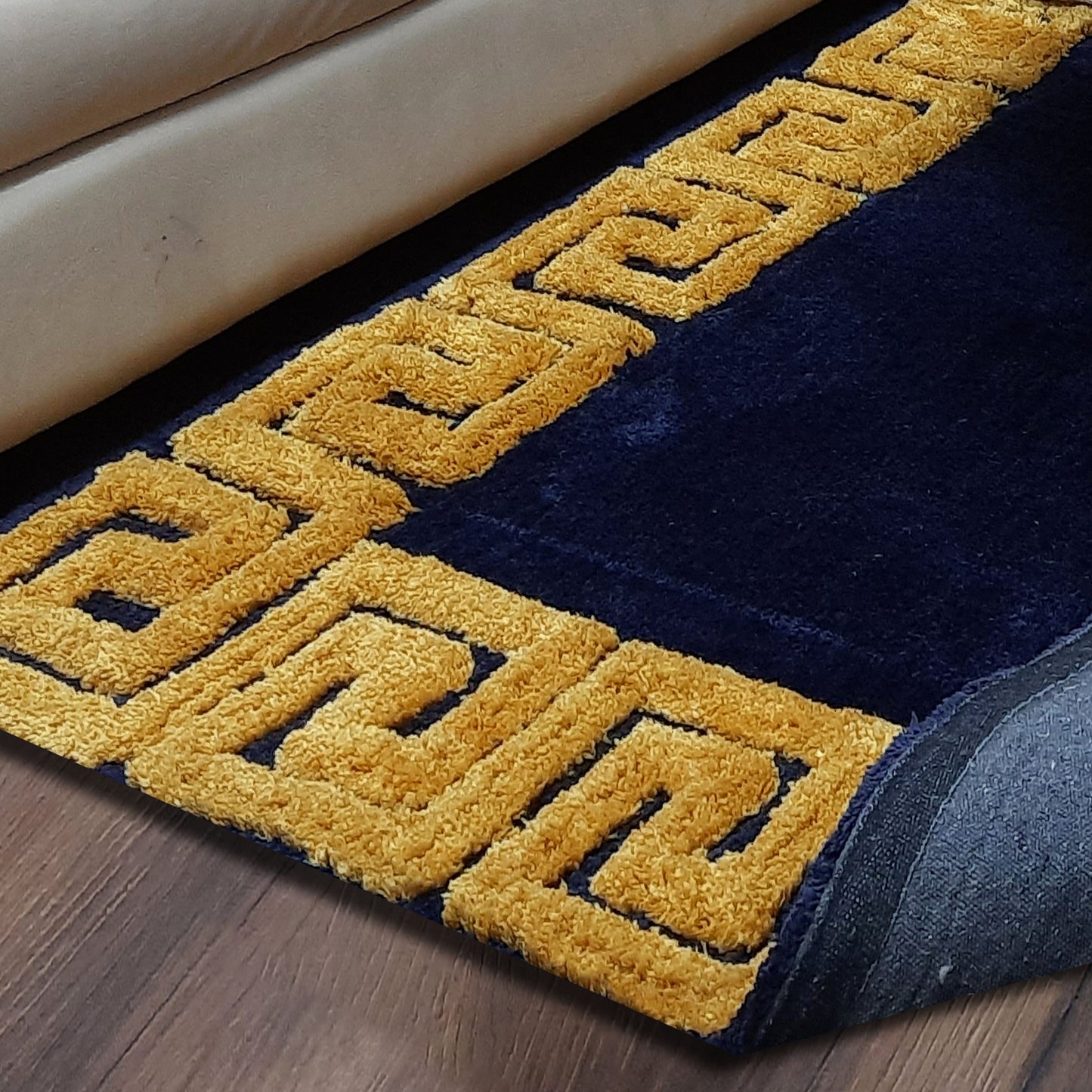 Serenity Collection-Avioni Atlas Collection- Micro Navy Blue with 3D Yellow Designer Border -Different Sizes Shaggy Fluffy Rugs and Carpet for Living Room