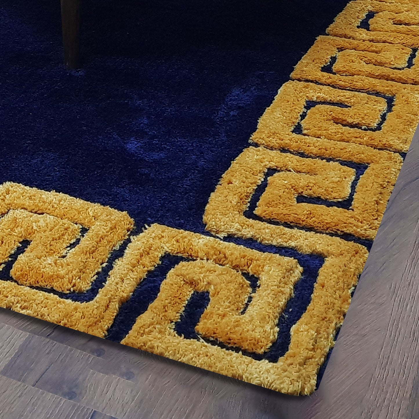 Serenity Collection-Avioni Atlas Collection- Micro Navy Blue with 3D Yellow Designer Border -Different Sizes Shaggy Fluffy Rugs and Carpet for Living Room