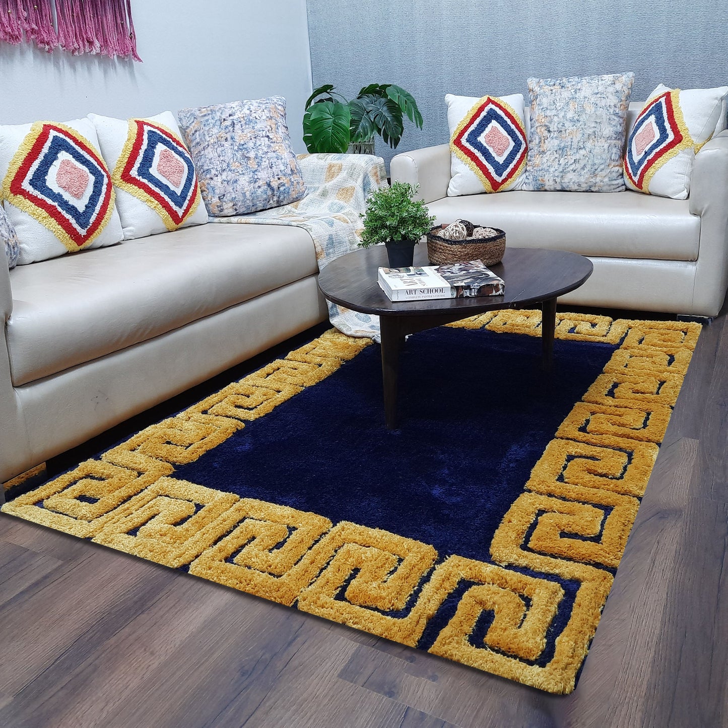 Serenity Collection-Avioni Atlas Collection- Micro Navy Blue with 3D Yellow Designer Border -Different Sizes Shaggy Fluffy Rugs and Carpet for Living Room