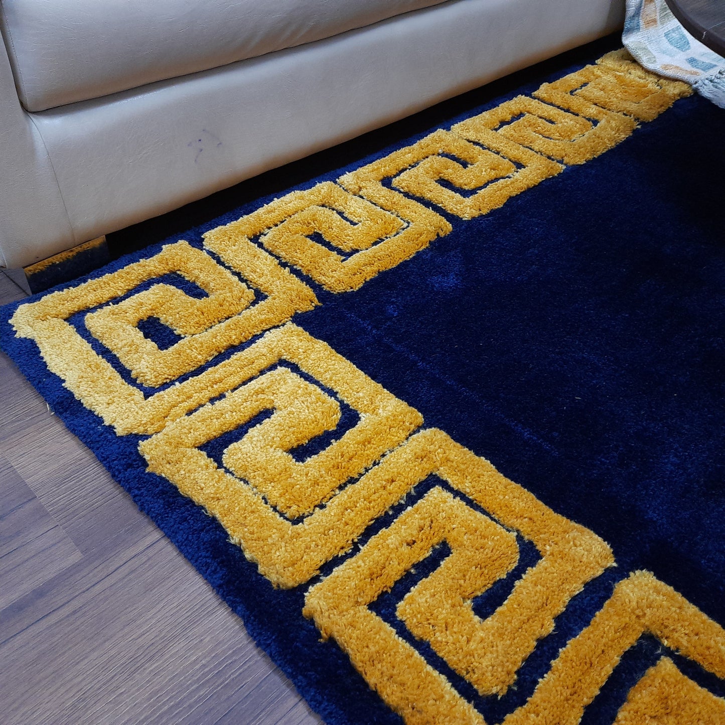 Serenity Collection-Avioni Atlas Collection- Micro Navy Blue with 3D Yellow Designer Border -Different Sizes Shaggy Fluffy Rugs and Carpet for Living Room