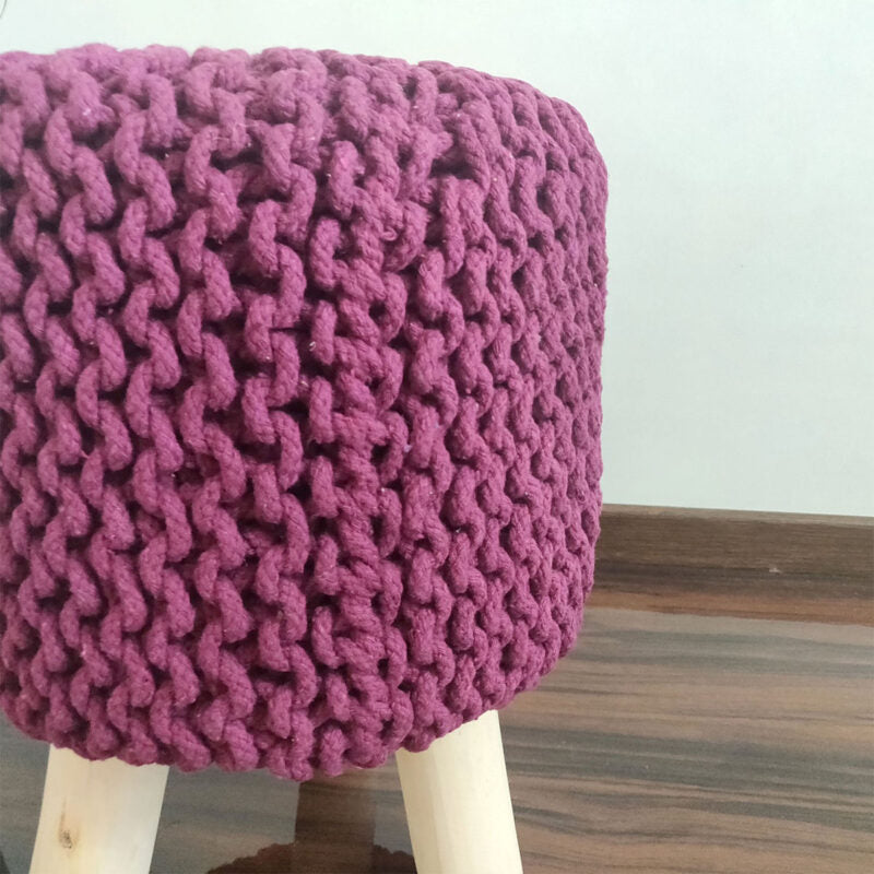 BIGMO Luxury Hand Knotted Boho Look Stool/ Ottoman (3 Legs-Natural Finish)-MediumViolet-Red