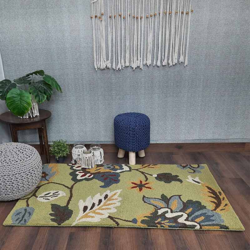 Wool Hand Tufted Beautiful Floral Green Carpet | Loop Pile | Avioni -90cm x 150cm (~3×5 Feet)