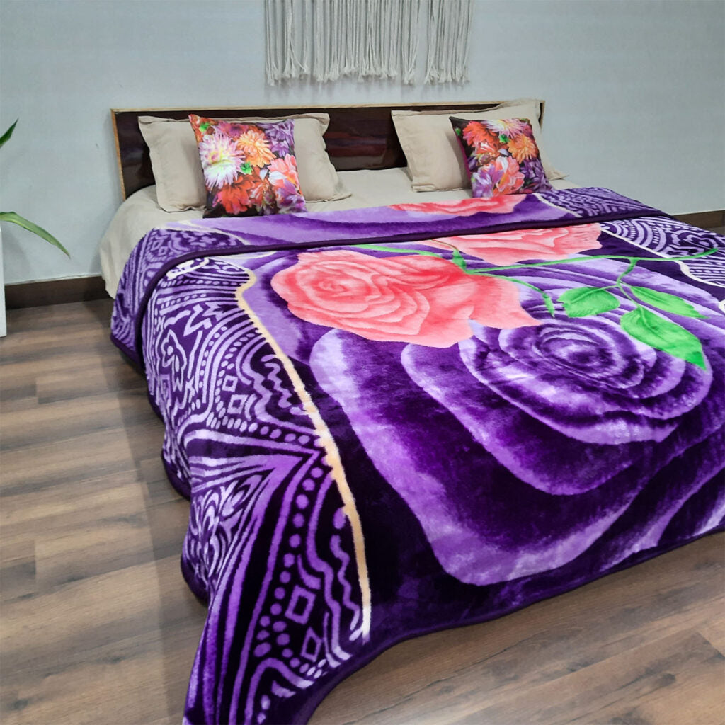 Double Bed Soft Mink Blankets Purple Floral For Mild winters