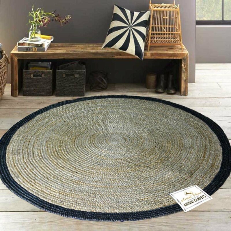 Jute Mat – Natural Rugs – Braided Area Rug – Black Border – Handmade & Unbleached – 90cm (~3feet) Round – Avioni Premium Eco Collection